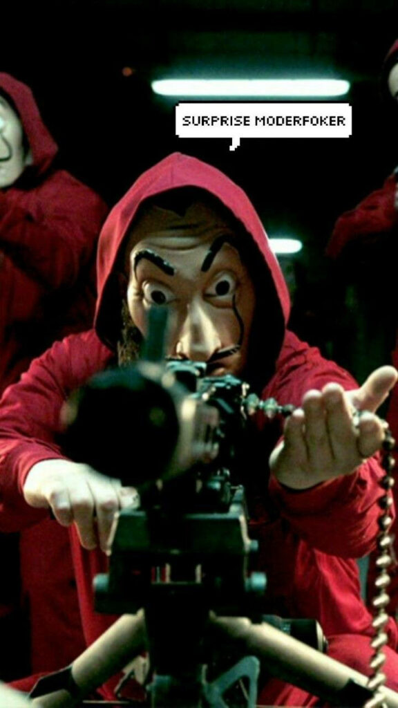 Master of Disguise: The Money Heist Maestro Brandishing a Machine Gun in Intense Encounter Wallpaper