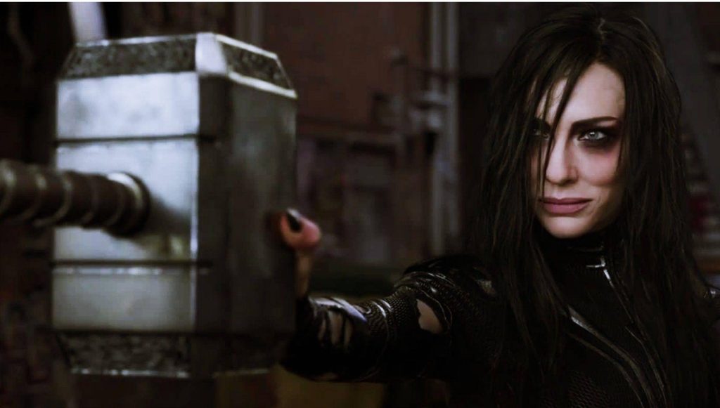 Hela halts Thor’s hammer Mjolnir dark intense scene Cate Blanchett Thor Ragnarok wallpaper background