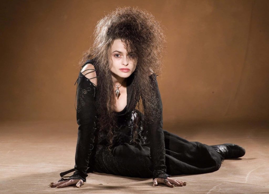 Helena Bonham Carter as Bellatrix Lestrange intense portrait wild hair gothic attire Harry Potter wallpaper