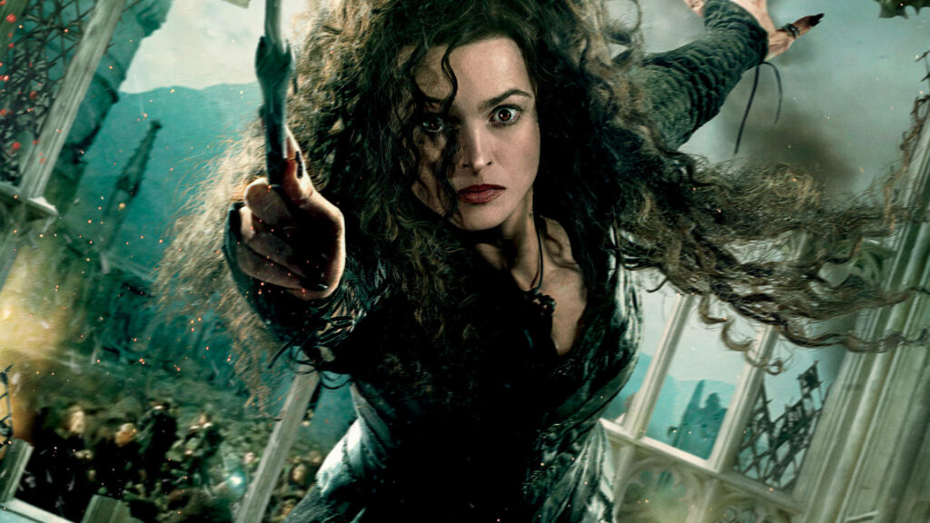 Helena Bonham Carter as Bellatrix Lestrange casting a fierce spell Harry Potter wallpaper