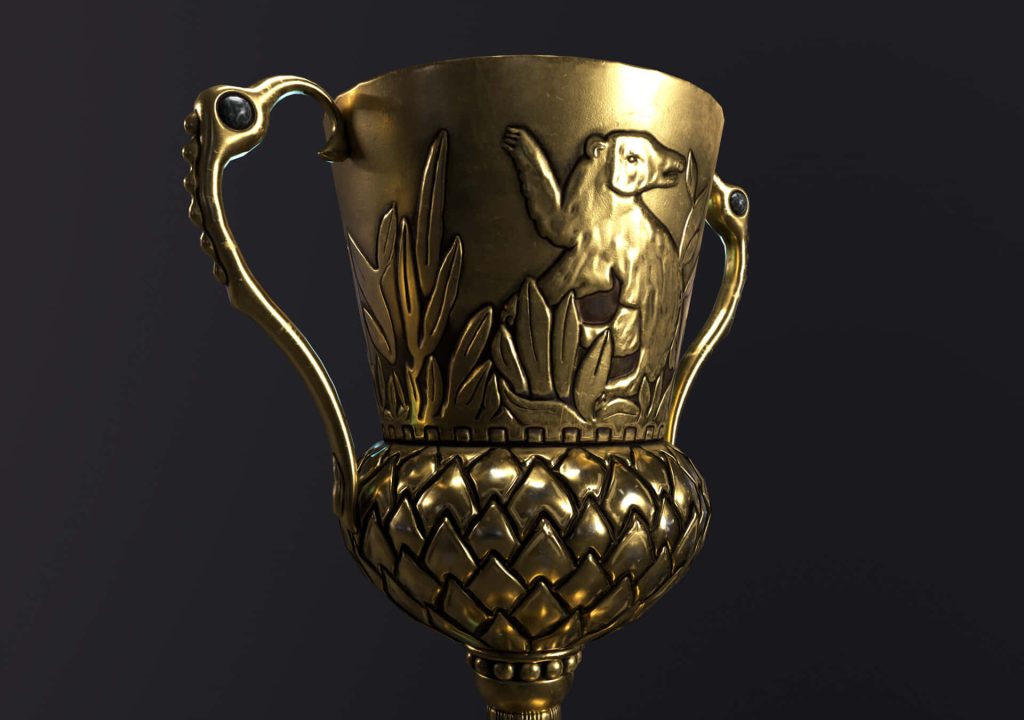 3D digital wallpaper of Helga Hufflepuff’s golden Cup Horcrux with badger engravings dark background