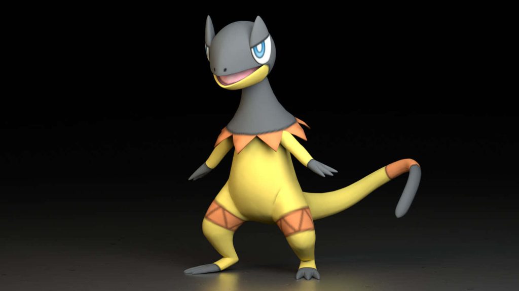 3D CGI render of Electric-type Pokémon Heliolisk on dark reflective surface minimalist wallpaper