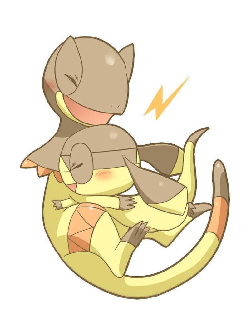 Heliolisk hugging Helioptile with lightning bolt background soft electric Pokémon wallpaper