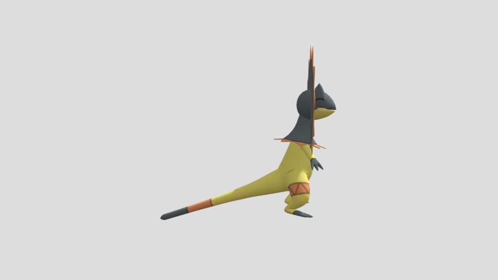 Heliolisk 3D side view Electric-type Pokémon with black frill vibrant yellow body grey background Wallpaper
