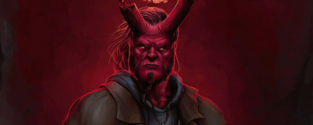 Intense Hellboy Wallpaper: Fiery Background & Piercing Yellow Eyes
