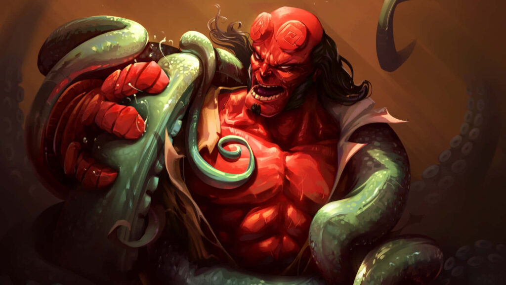 Hellboy vs. Giant Tentacled Monster: Intense Battle Wallpaper