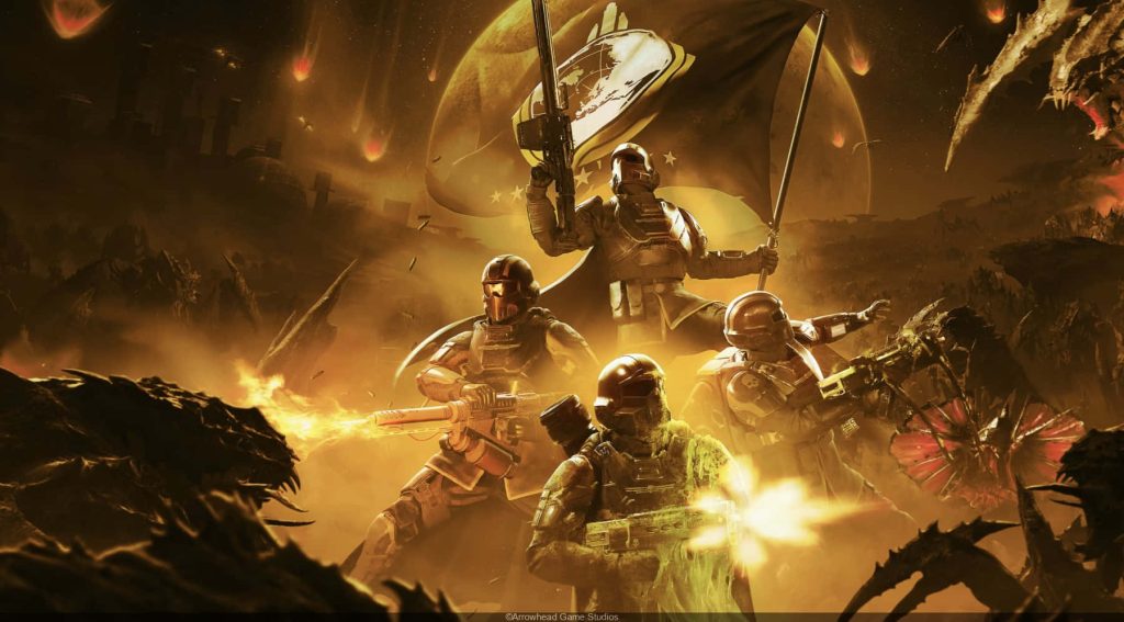 Helldivers 2 battle wallpaper armored soldiers fight insectoid Terminids in fiery warzone