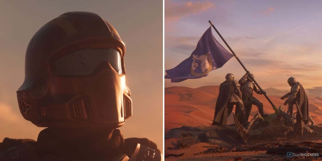Helldivers 2 split-screen wallpaper bronze helmet troopers planting flag desert sunset background