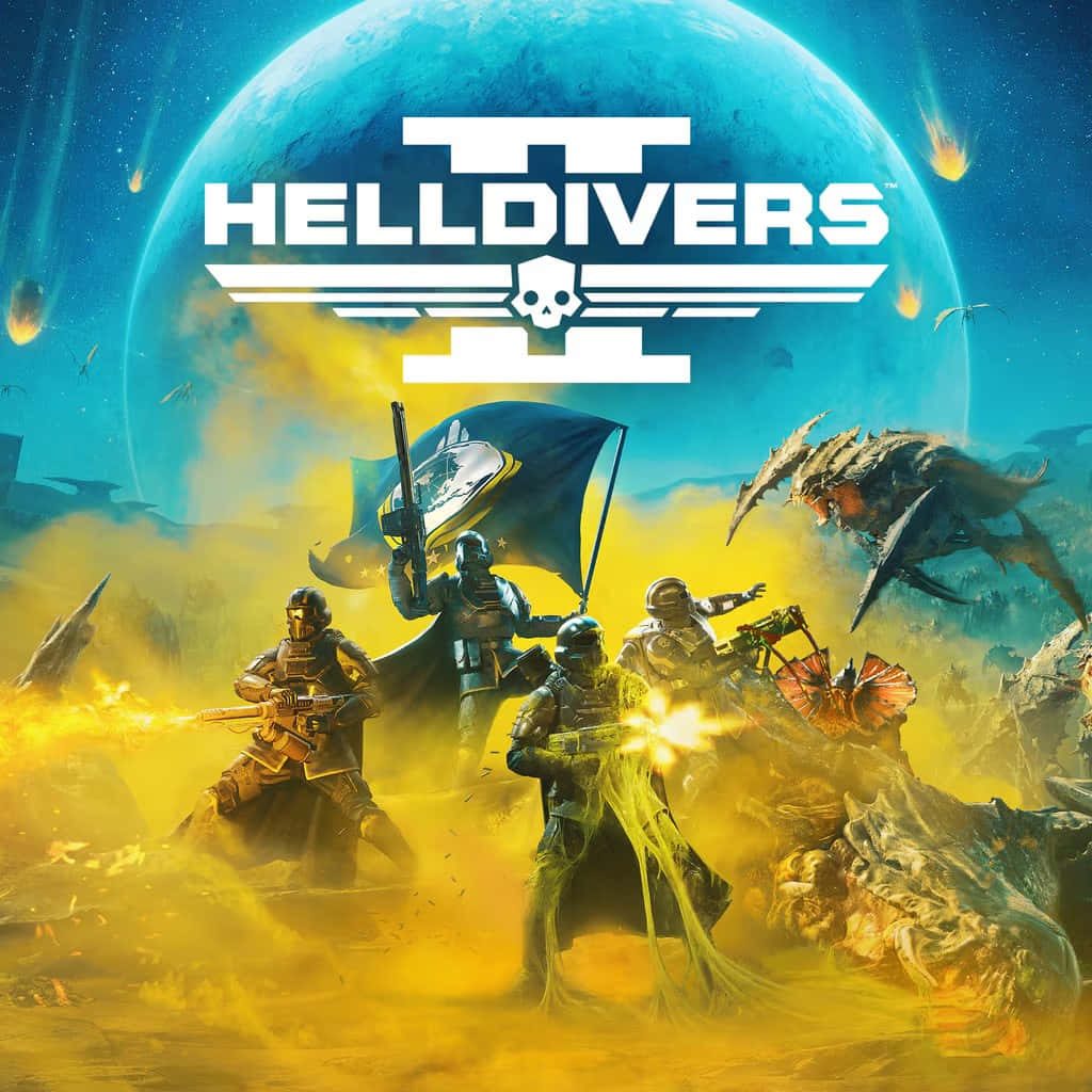 Helldivers 2 squad in futuristic armor fighting Terminid swarms with glowing weapons and planet backdrop Wallpaper