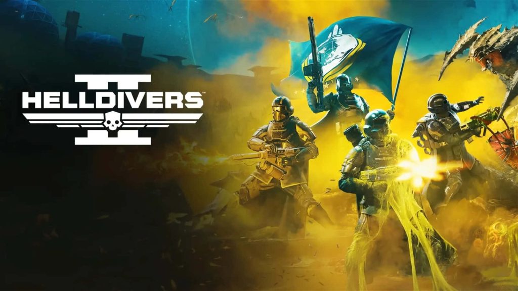 Helldivers 2 wallpaper armored soldiers fighting alien Terminids in dusty golden sci-fi battle
