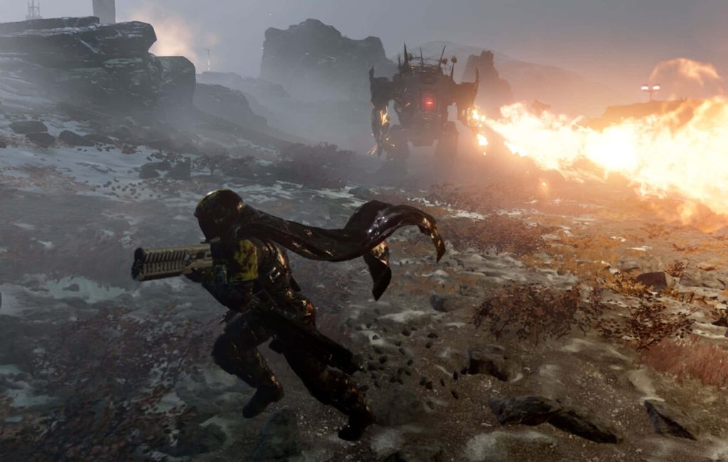 Armored Helldiver dodges flames from Automaton Hulk in intense Helldivers 2 battle wallpaper