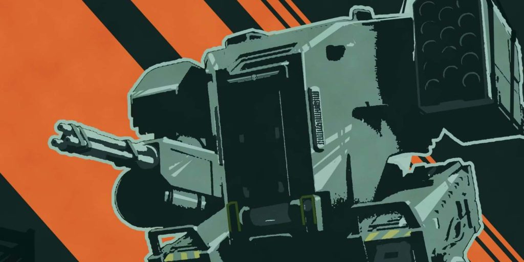 Helldivers 2 digital art heavy military sentry turret dark green orange sci-fi wallpaper background