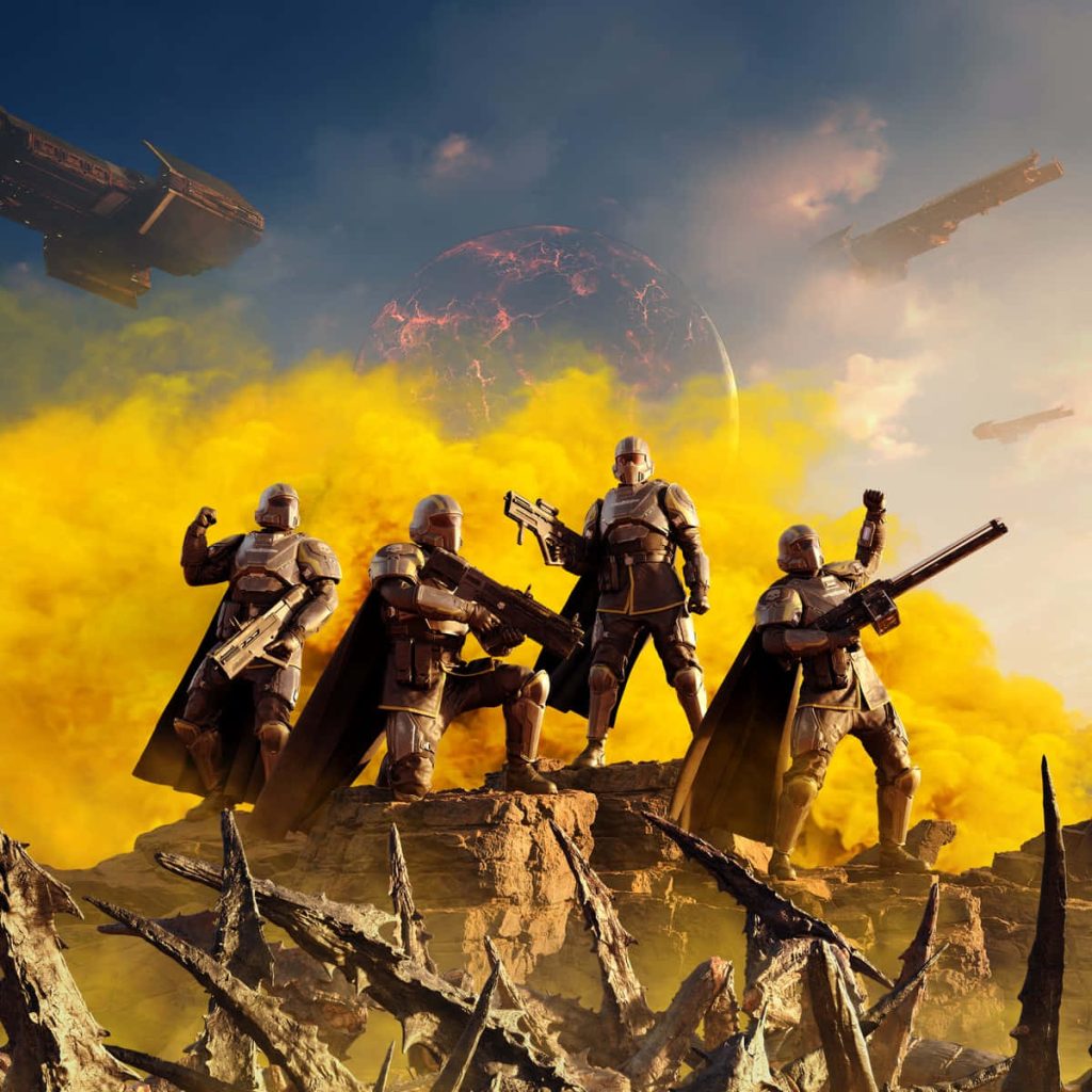 Helldivers 2 squad armored soldiers on rocky alien terrain with heavy weapons and starships background Wallpaper