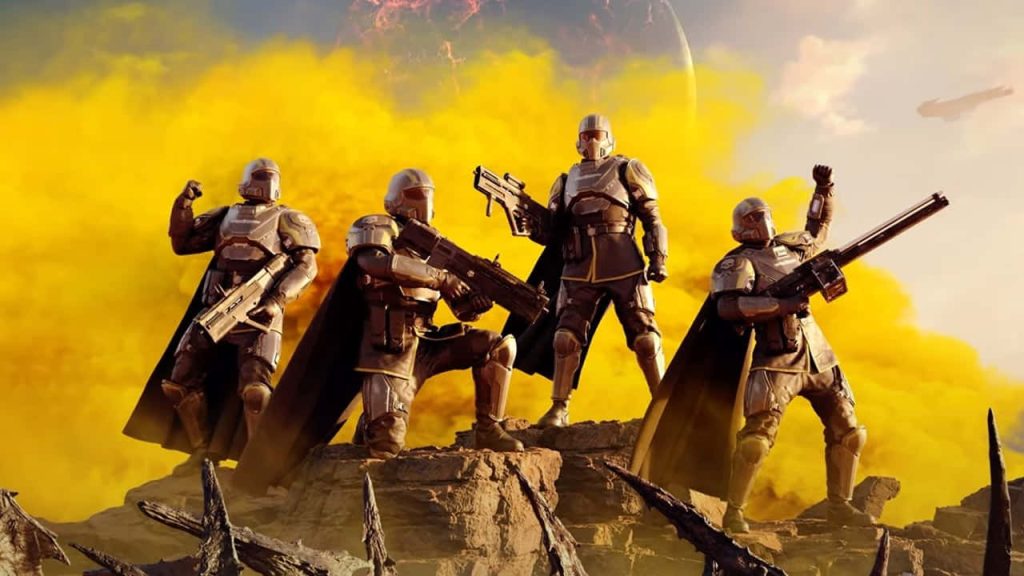 Helldivers 2 wallpaper with four armored soldiers on cliffside smoke alien sky CGI art background