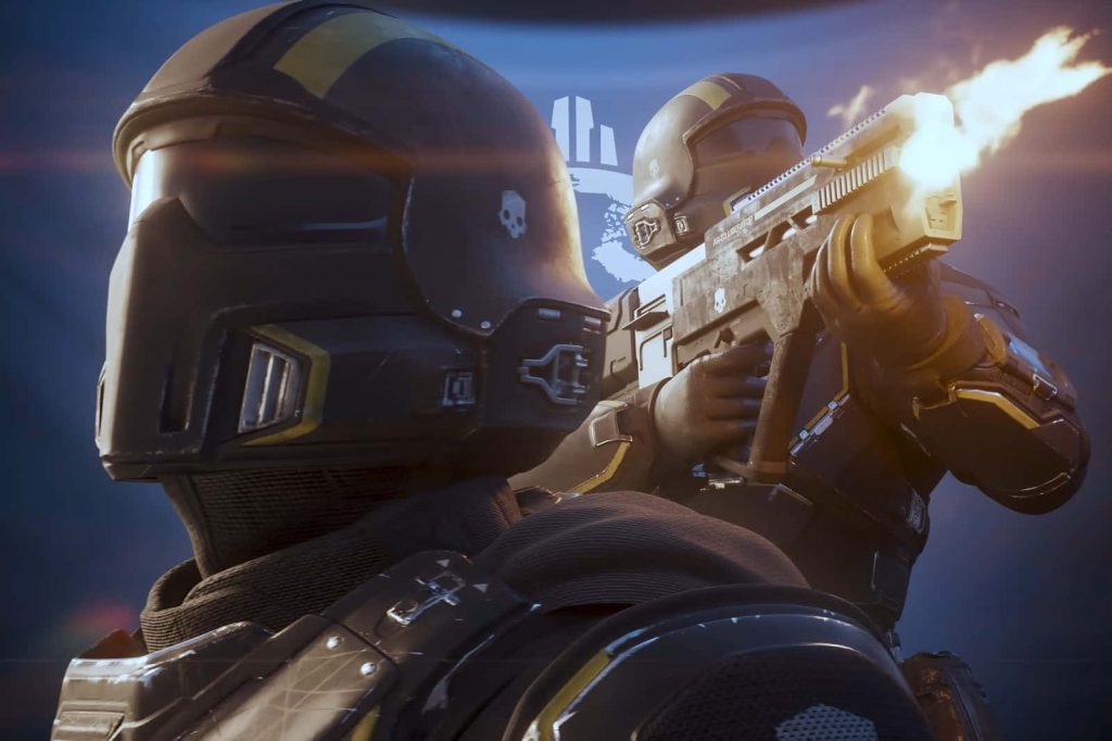 Helldivers 2 wallpaper two soldiers in tactical armor firing AR-23 Liberator in dark background