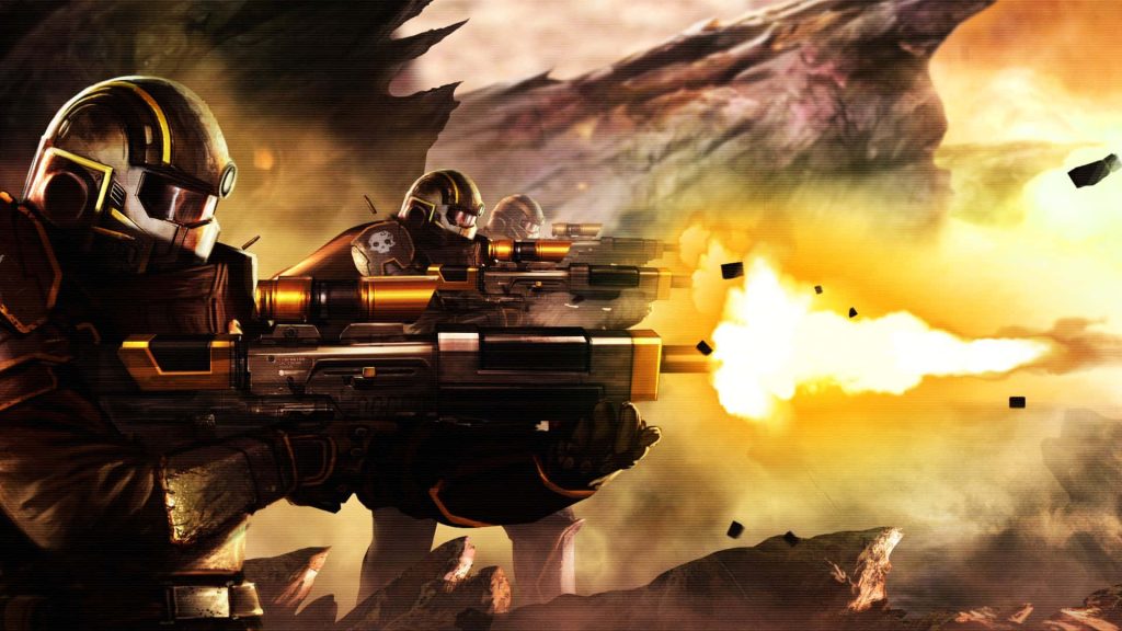 Helldivers 2 wallpaper with elite soldiers in futuristic armor firing in a war-torn sci-fi battle