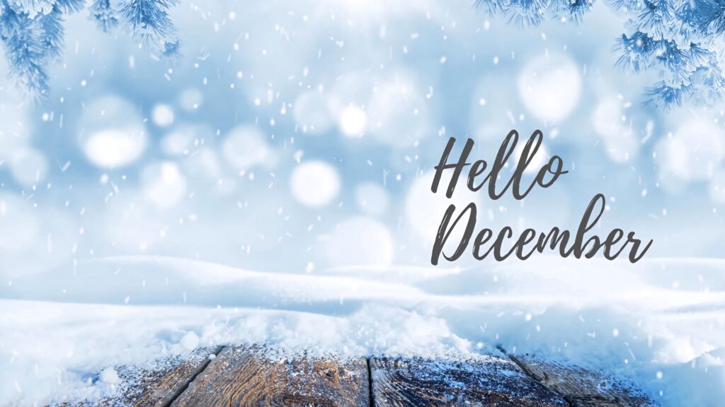 Hello December winter wallpaper with frosty trees snowfall glowing bokeh lights serene festive scene