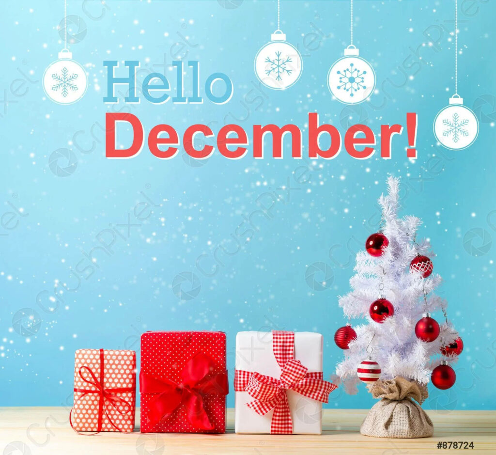 Festive Wallpaper: Hello December with Christmas Tree & Gifts