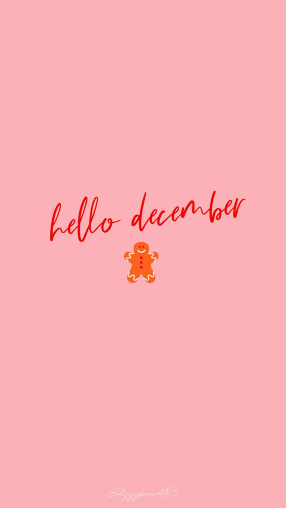Cute gingerbread man below hello December text on soft pink festive holiday wallpaper background