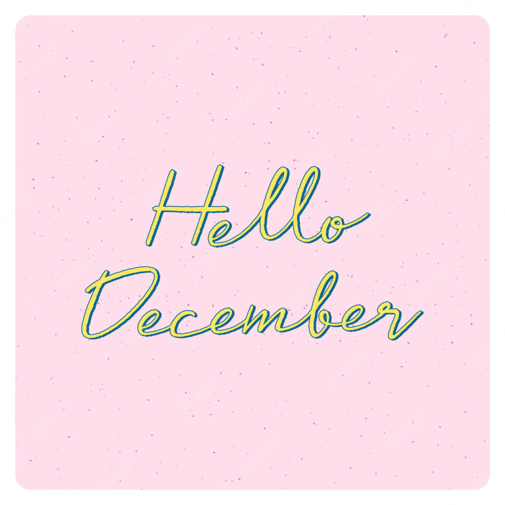 Hello December pink wallpaper with elegant handwritten text and soft pastel speckled background