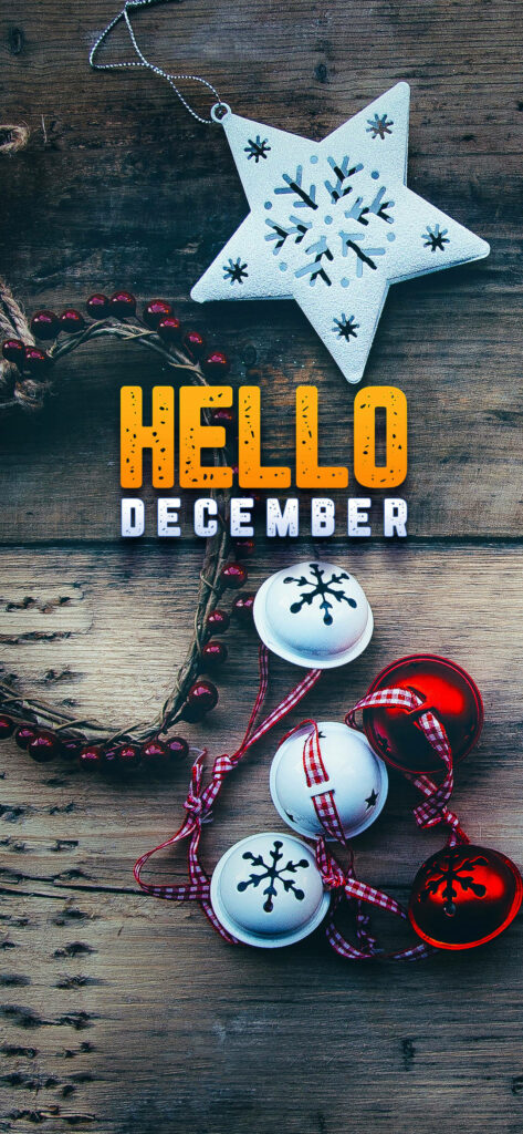 Festive rustic wooden wallpaper with red white ornaments snowflake jingle bells greenery text Hello December