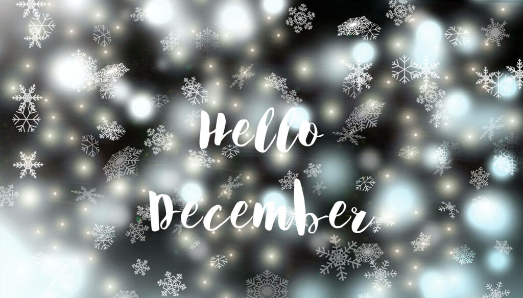 Hello December festive wallpaper with white script snowflakes and glowing lights on dark background