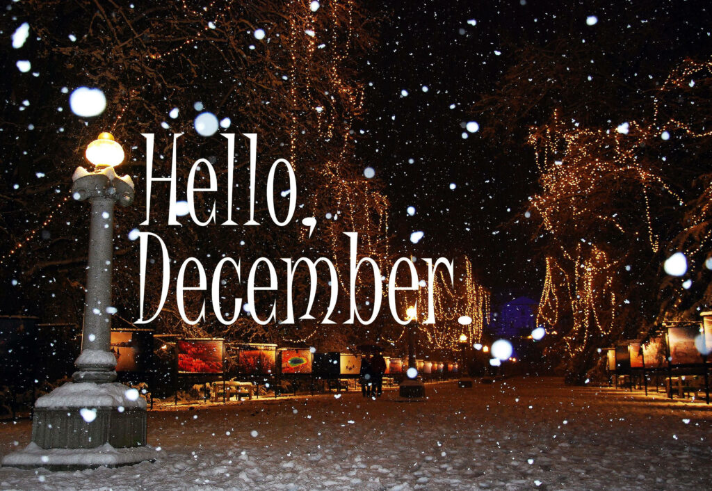 Snowy road with golden string lights and Hello December text capturing winter magic wallpaper