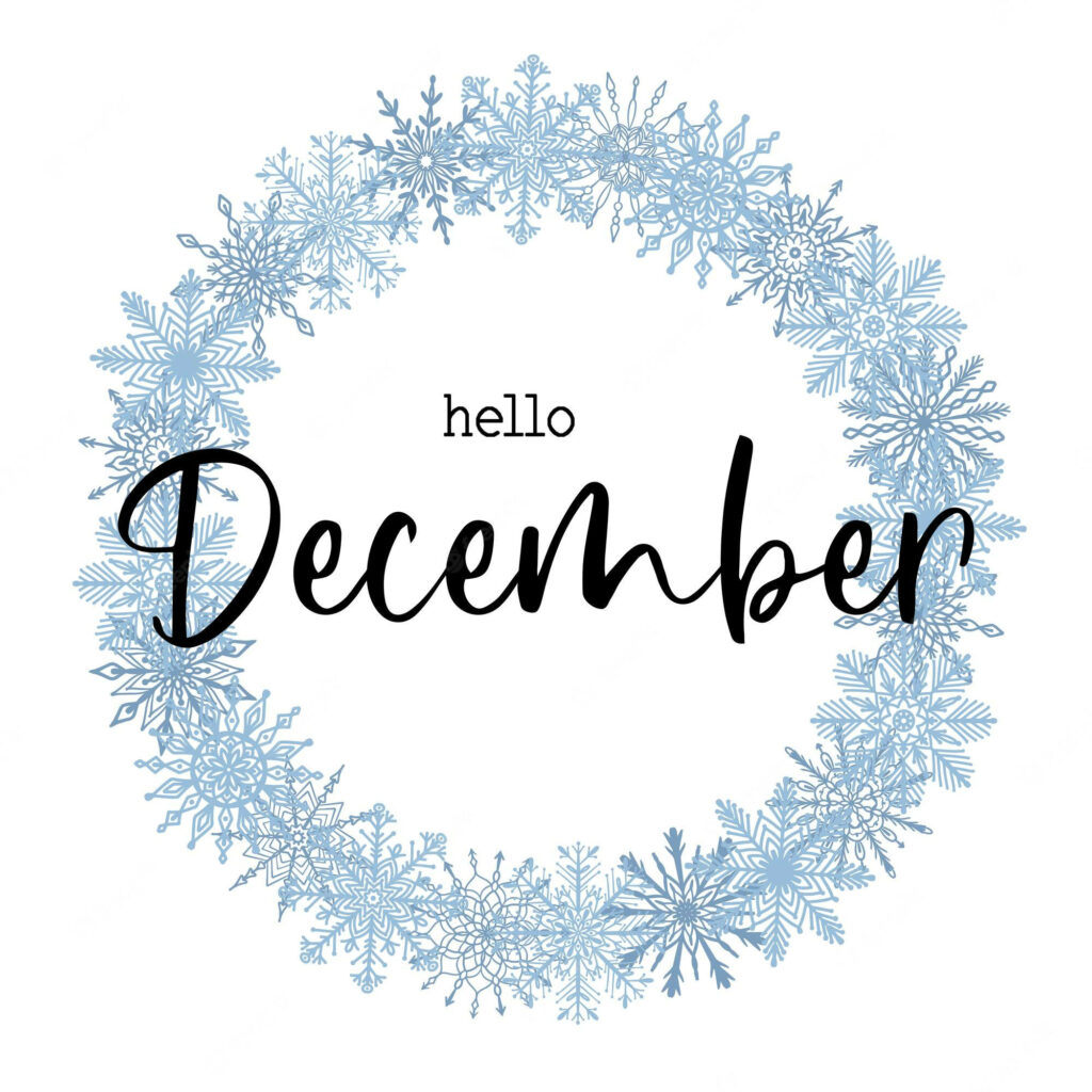 Light blue snowflake wreath with hello December text minimalist winter festive wallpaper background