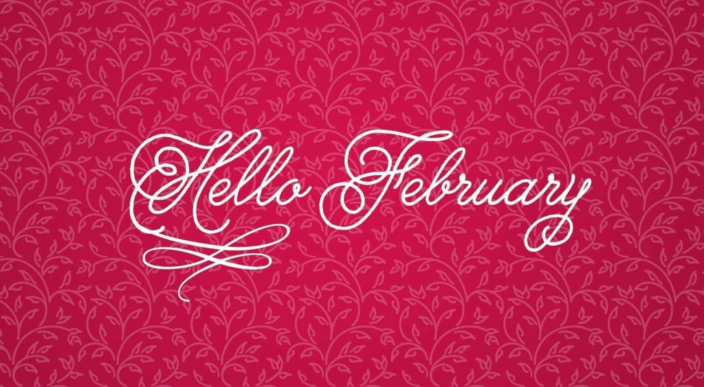 Hello February elegant digital art with white cursive text on dark magenta vine leaf wallpaper background
