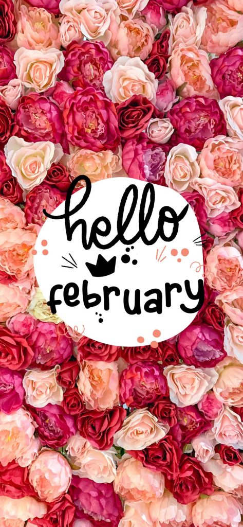 Hello February wallpaper with lush pink red cream roses peonies and elegant handwritten text