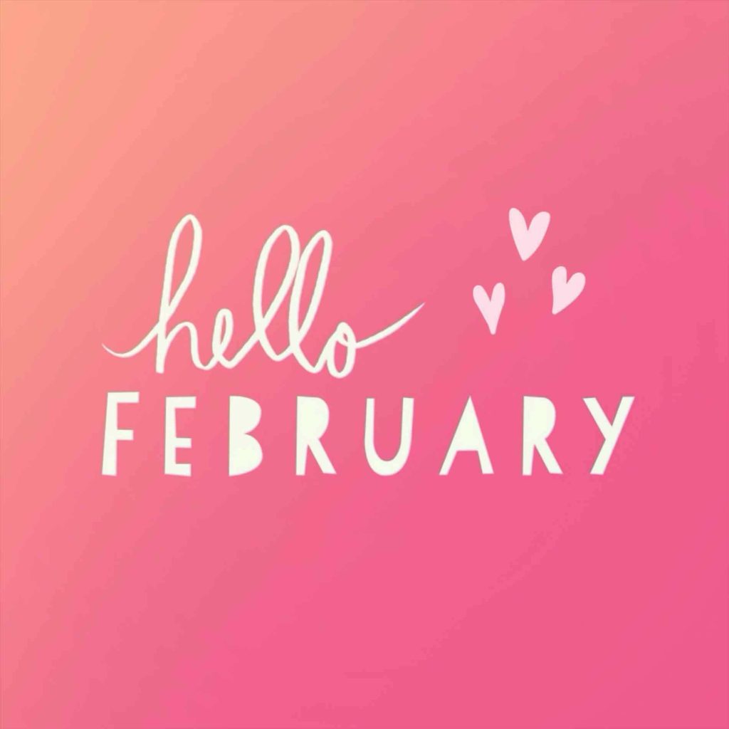 Hello February wallpaper with romantic pink gradient hearts minimalist love design background