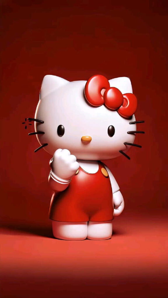3D Hello Kitty in Red: Vibrant Wallpaper with Iconic Bow Design