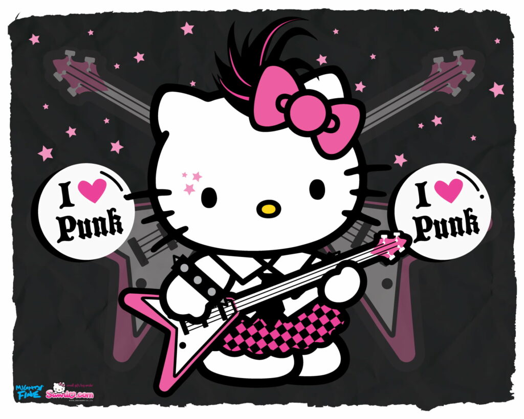 Hello Kitty punk rock vector playing pink guitar in checkered skirt mohawk bow dark background Wallpaper