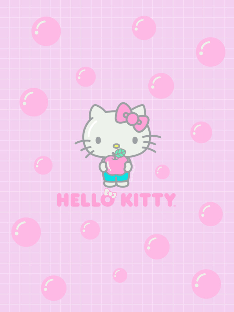 Hello Kitty Holding Apple Wallpaper - Cute Pink Grid Design