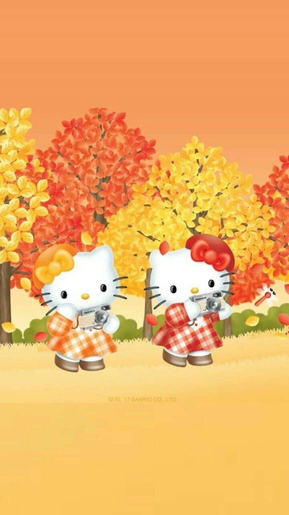 Adorable Hello Kitty Autumn Wallpaper with Plaid Friends & Fall Foliage