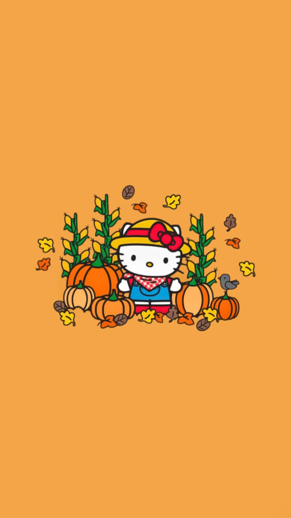 Hello Kitty Autumn Wallpaper: Cozy Fall Scene with Pumpkins & Leaves