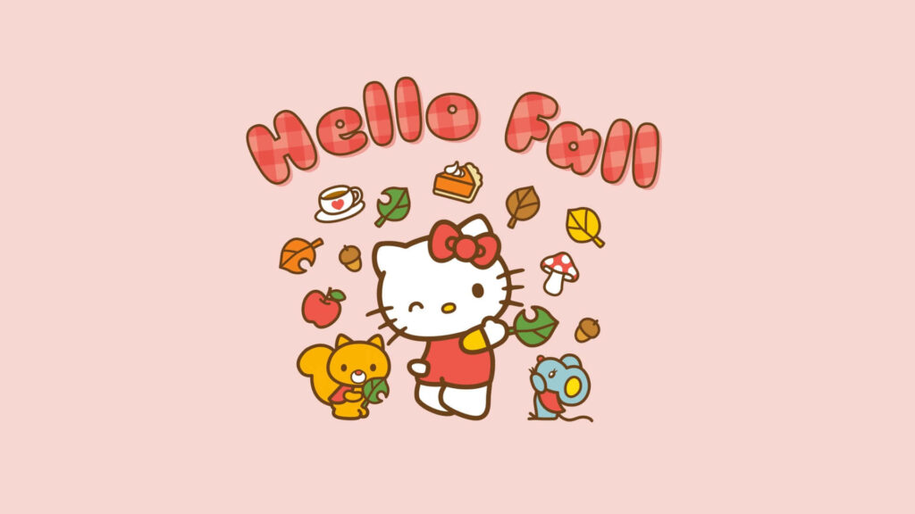 Hello Kitty’s Whimsical Autumn Background with Fall Decor Wallpaper