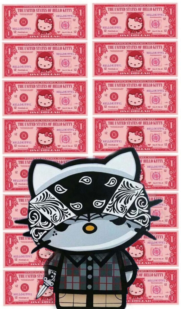 Hello Kitty-Themed Banknote Art with Playful Cartoon Character Background Wallpaper