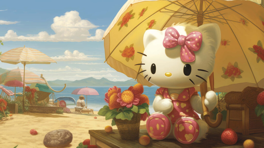 Sunny Beach Day with Hello Kitty: Floral Umbrella & Ocean Bliss Wallpaper