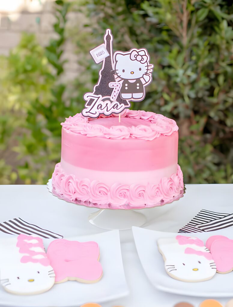 Hello Kitty Birthday Cake Wallpaper with Pink Icing & Eiffel Tower Decor