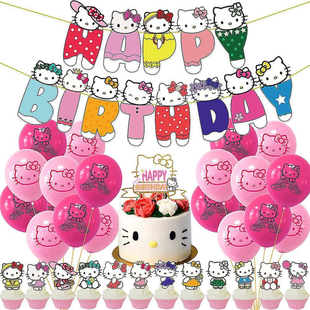 Delightful Hello Kitty Birthday Wallpaper with Balloons & Cake
