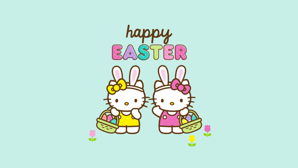 Adorable Hello Kitty Bunnies with Easter Eggs on Pastel Green Wallpaper