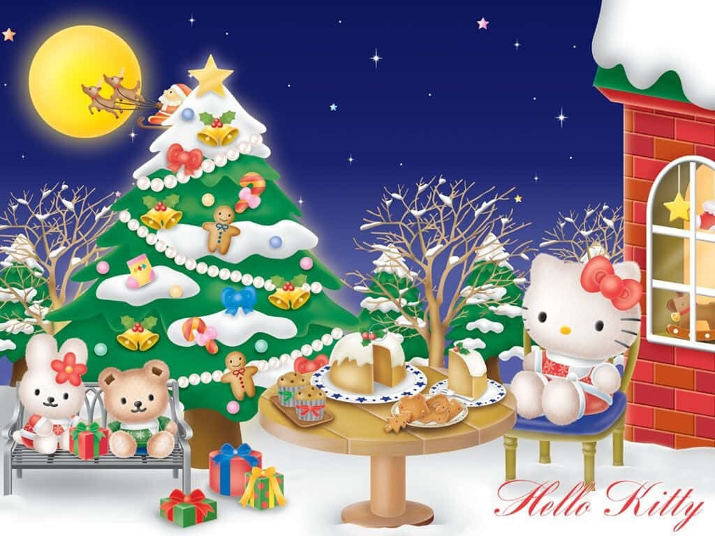 Hello Kitty Christmas Wallpaper: Cozy Tree & Starry Night Scene