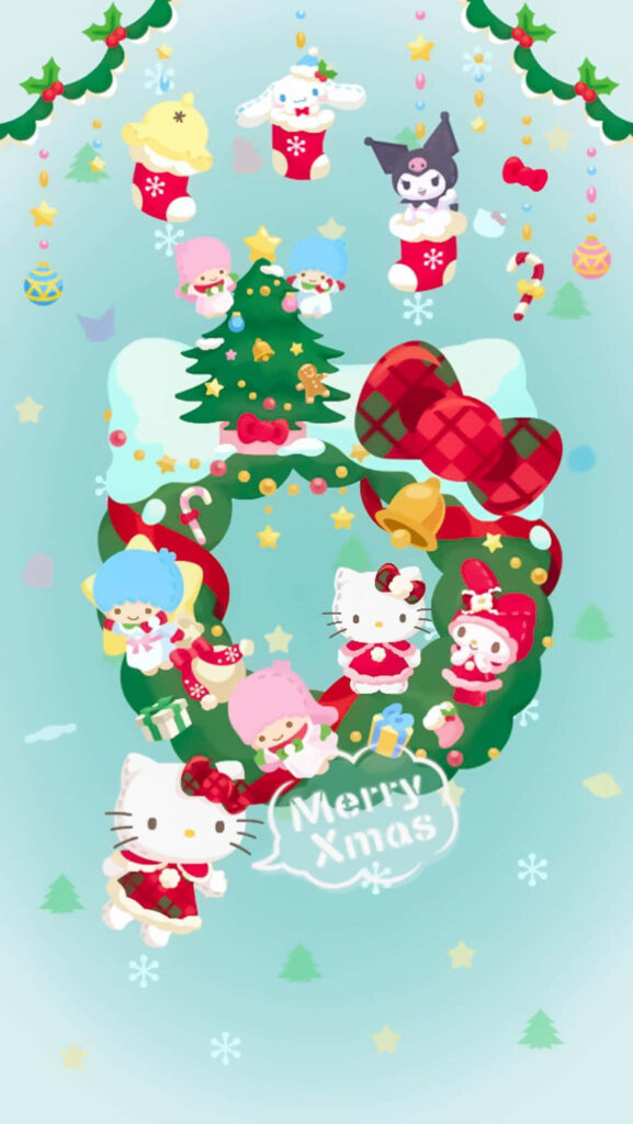 Cheerful Hello Kitty Christmas Wallpaper with Festive Decorations