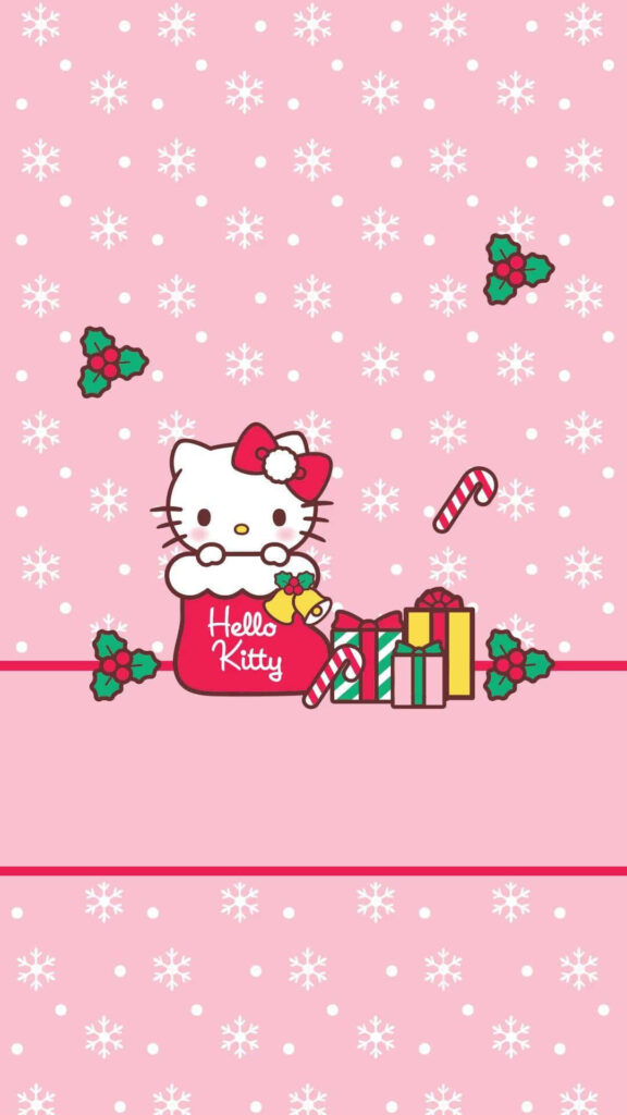 Festive Hello Kitty Wallpaper: Christmas Cheer with Snowflakes & Gifts