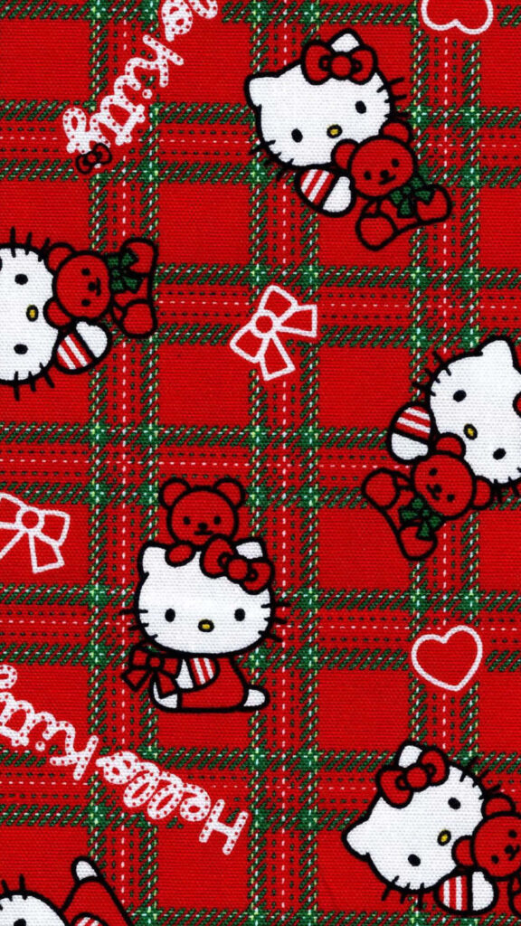 Hello Kitty Christmas Wallpaper: Festive Red & Green Plaid Design