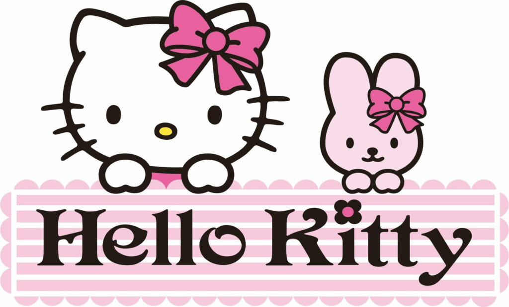 Hello Kitty and pink bunny with matching bows peek over striped banner Hello Kitty wallpaper