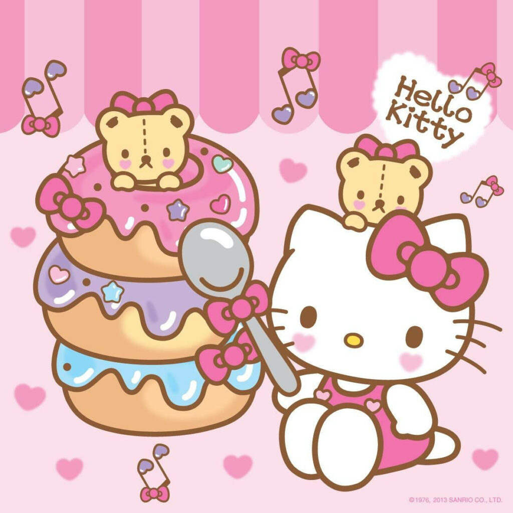 Adorable Hello Kitty Wallpaper with Colorful Donuts & Hearts Design