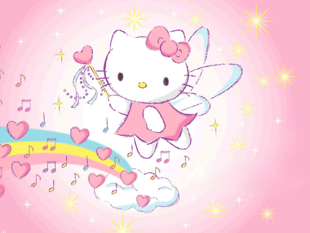Whimsical Hello Kitty Fairy Wallpaper: Heart Wand, Stars & Rainbow