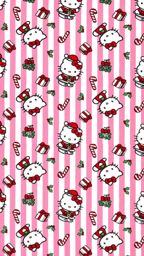 Cheerful Hello Kitty Holiday Wallpaper with Pink Stripes & Bows